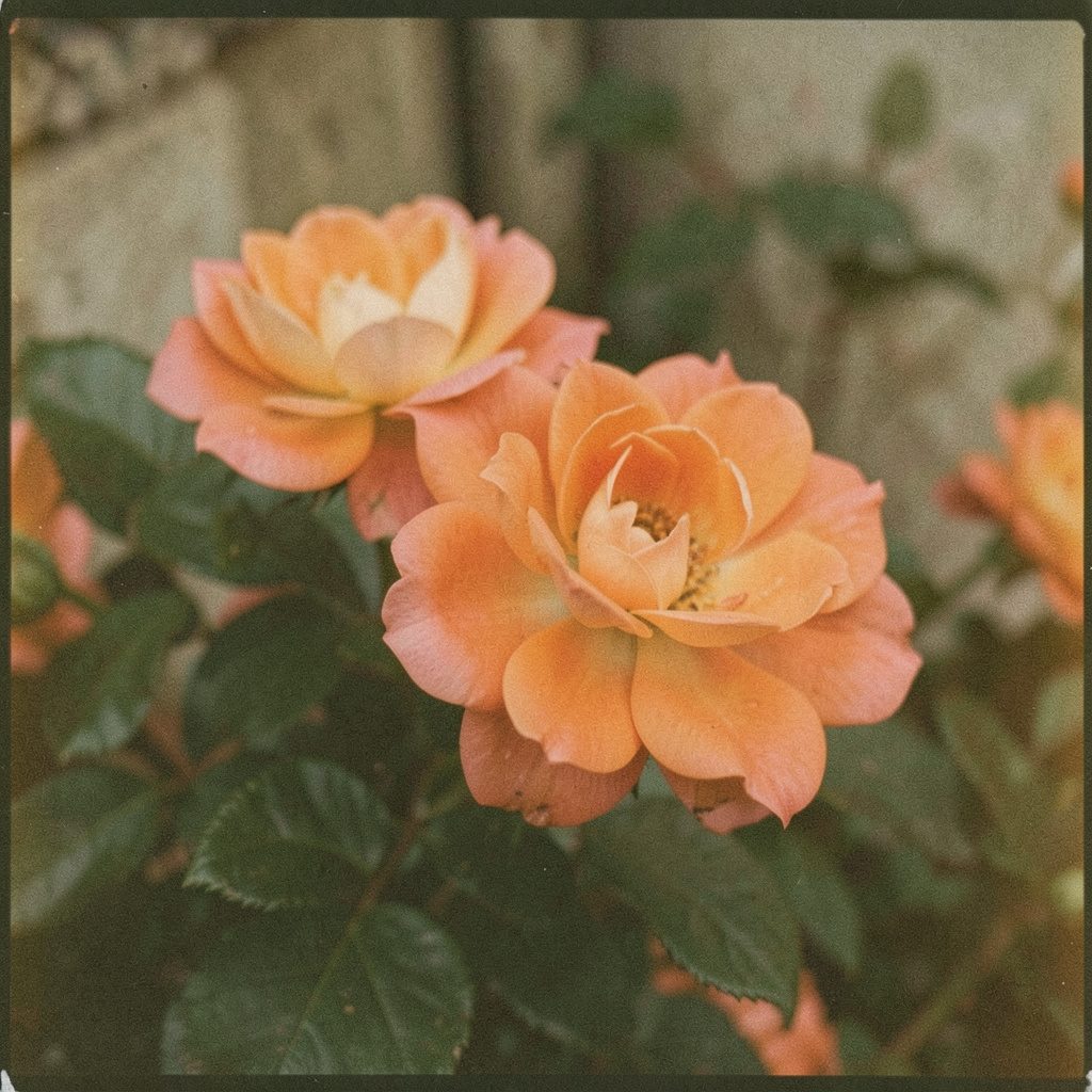 Cubierta de libro con flores en tonos rosados y verdes, fotografiada con luz cálida y grano analógico.